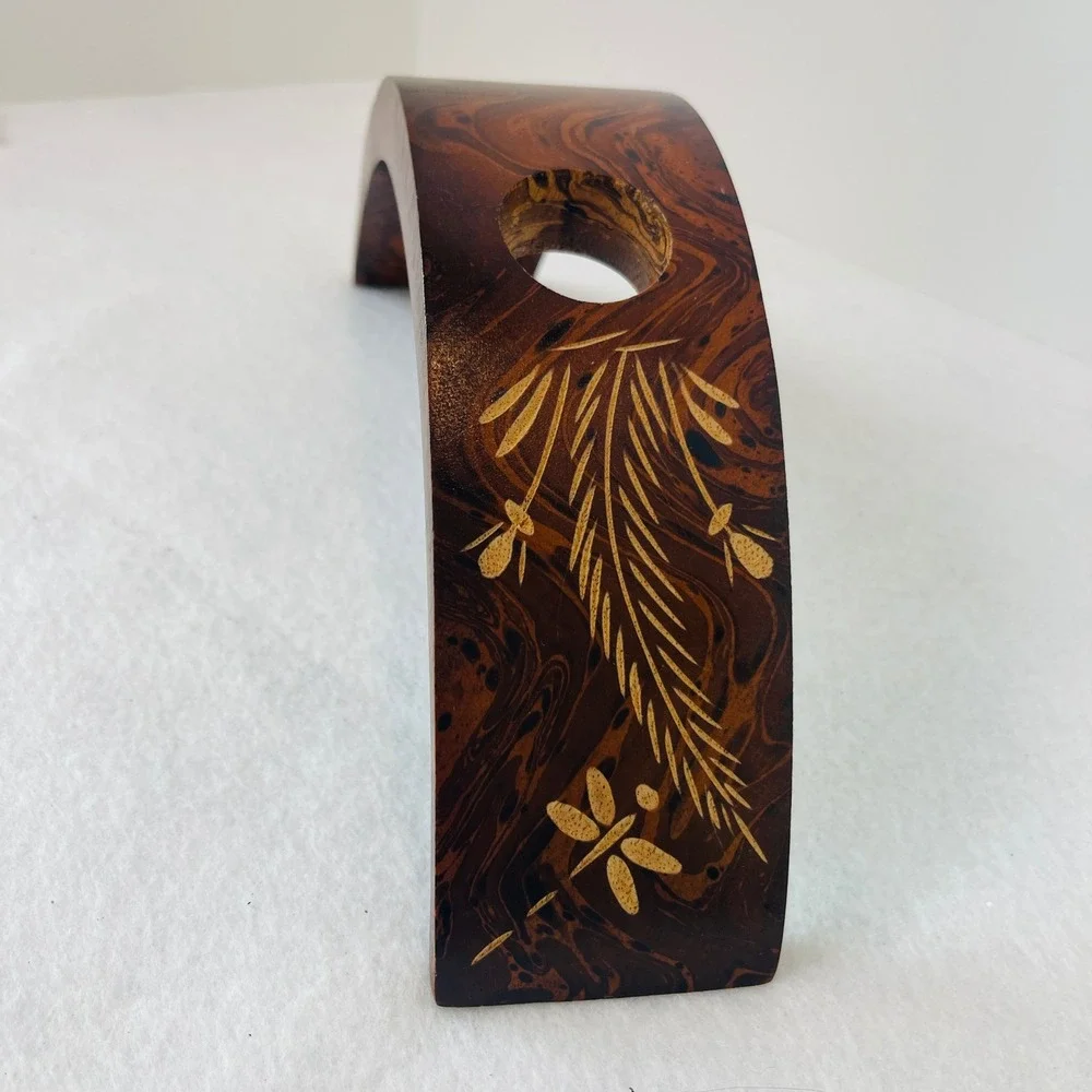 Handcrafted Wooden Balancing Wine Bottle Holder Etched Dragonfly Floral NO Bottl